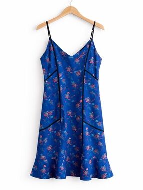 Thakoon x Rent The Runway Blue Floral Printed Shift Dress - Size 6 - Ruffle Hem
